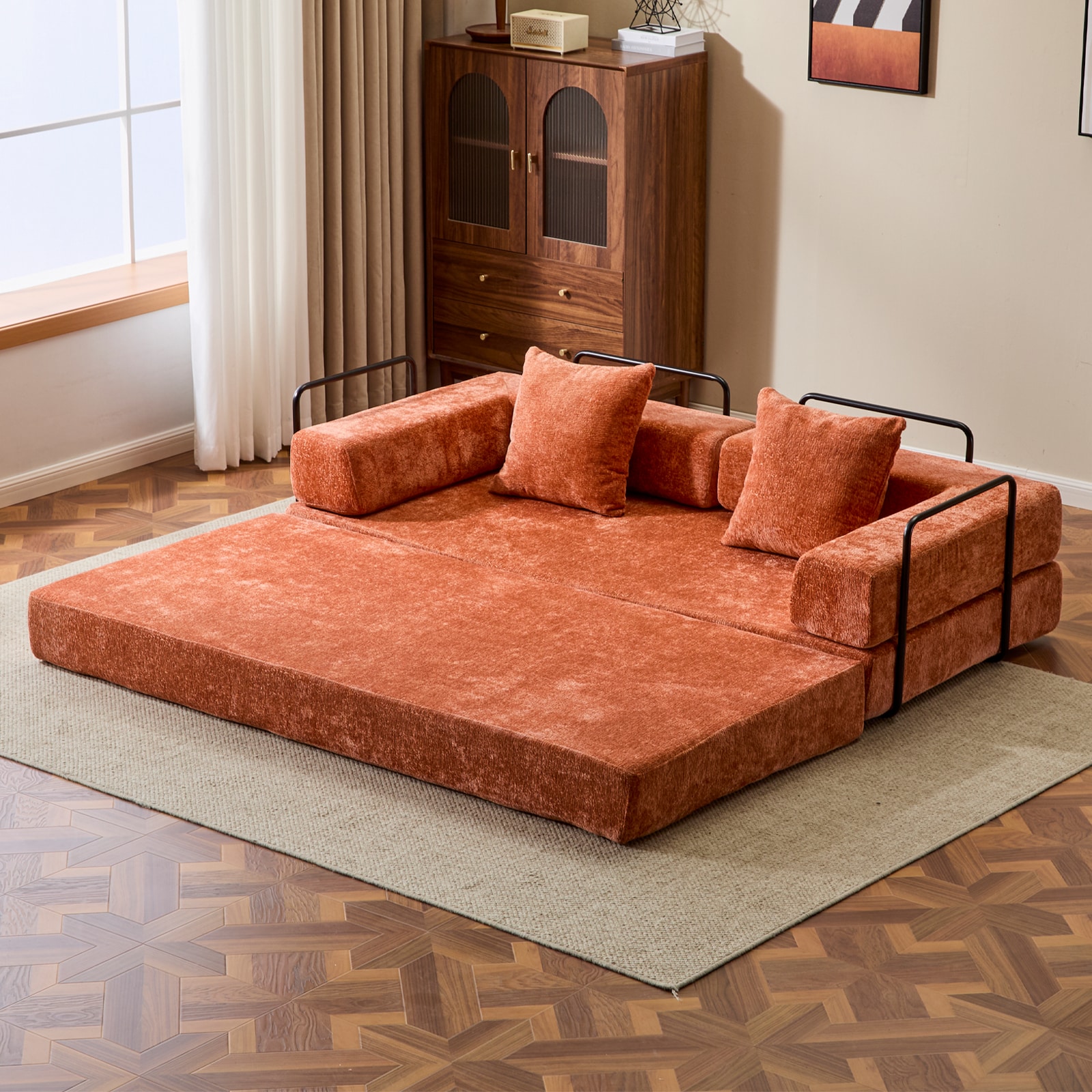Floor Sofa Bed With Adjustable Backrest And Armrest Orange_voghion.com